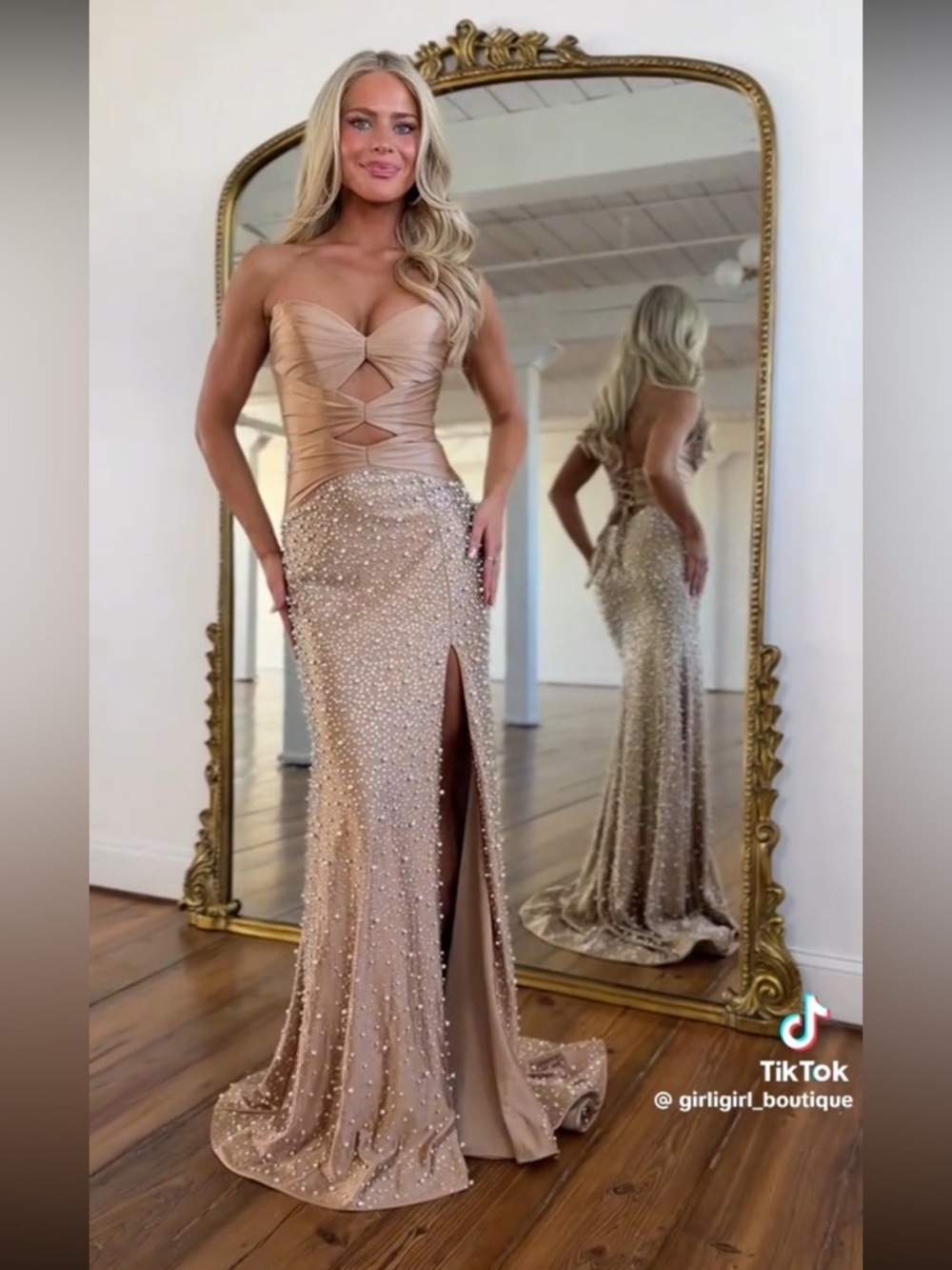 NWT!!! Sherri Hill 58094 Size 000 Strapless Champagne Gown Pearl Embellishment